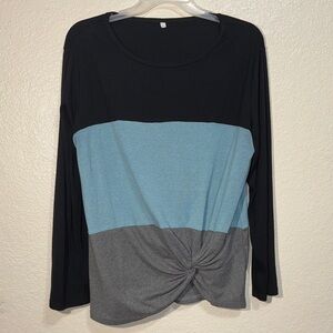 Women’s 2XL Plus Size Colorblock Twist Front Top Black Blue Gray Long Sleeve